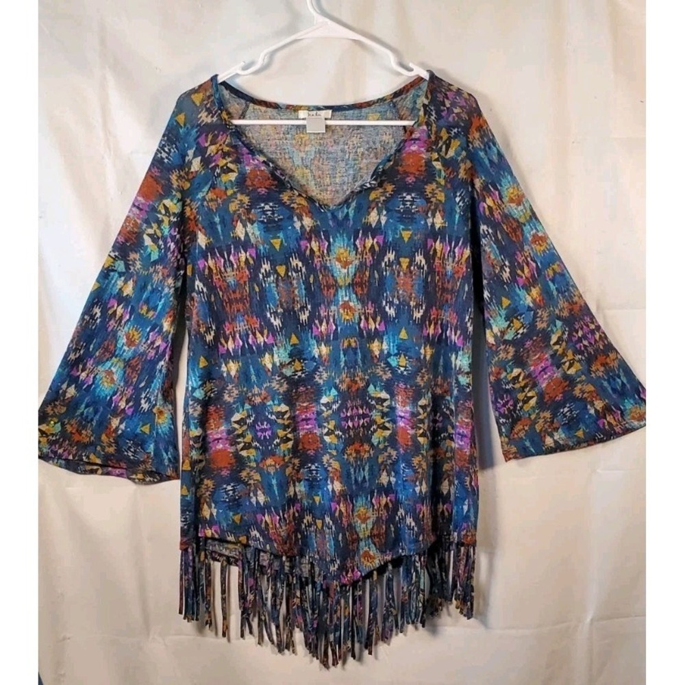 Isela Women's Tunic‎ Style With Hem Fringe Teal Western-core Flare Sleeves Sz M